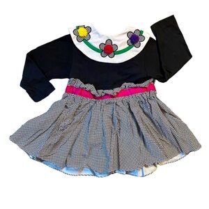 Vintage 1980s Black and White Houndstooth Floral Bib Dress